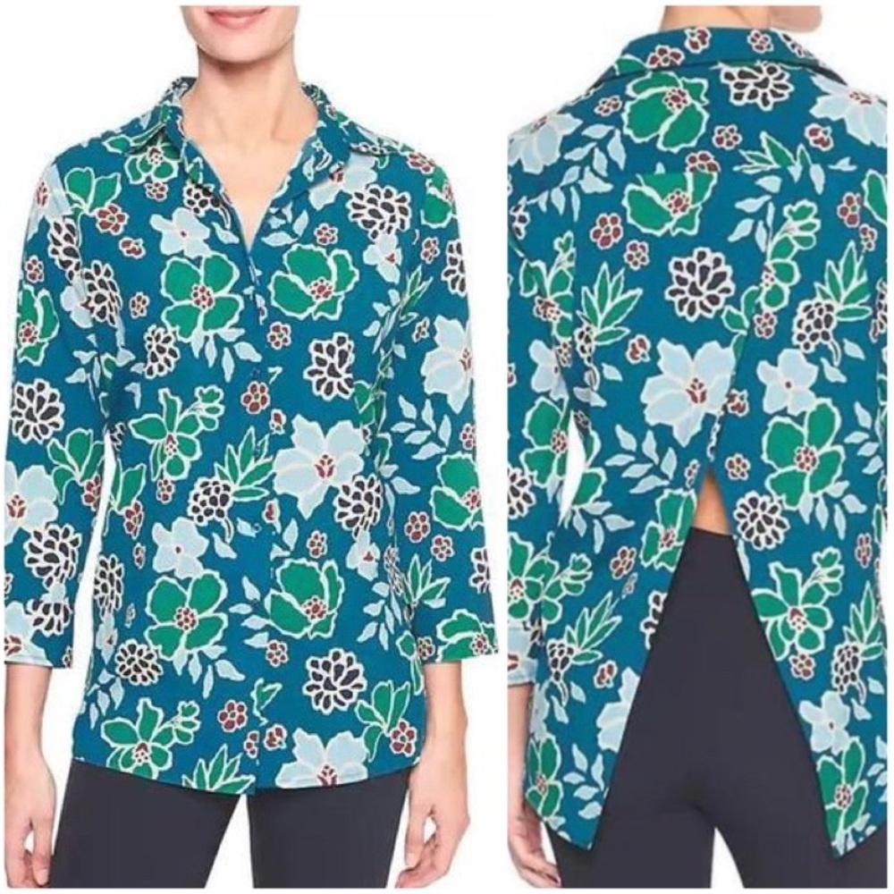 Banana Republic Split Back Floral Blouse Blue M